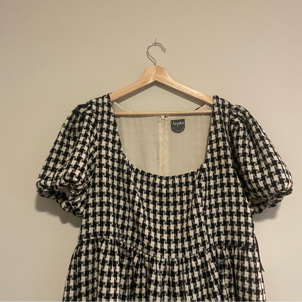 NWT ARULA Black & White Plaid Houndstooth Puff Sleeve Mini Dress, Size A 1x - Picture 3 of 4